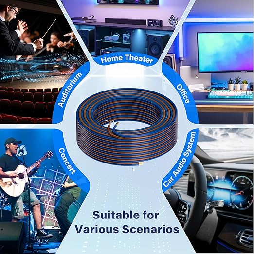 HiFind 16/2 Gauge AWG Car Audio Speaker Wire Cable 35 Ft, Professional Shielded OFC Zipper Wire, Transparent Soft PVC for Automotive Stereo HiFi Home Theater System, Subwoofer, Blue+ Brown