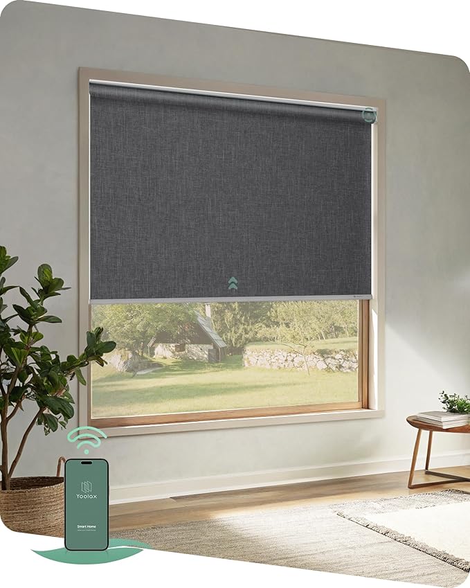 Yoolax Motorized Blinds App Control, Blackout Roller Shades for Windows, Cordless Automatic Shades Roller Window Blinds for Bedroom Living Room Office (Blackout Ashfall Gray, 50" W x 72" H)
