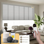 Boolegon No Drill Motorized Cellular Blinds With Remote Motorized Blackout Honeycomb Blinds For Indoor Windows Easy to Install Automatic Cellular Shades For Home,Light Filtering Light Gray,Custom Size
