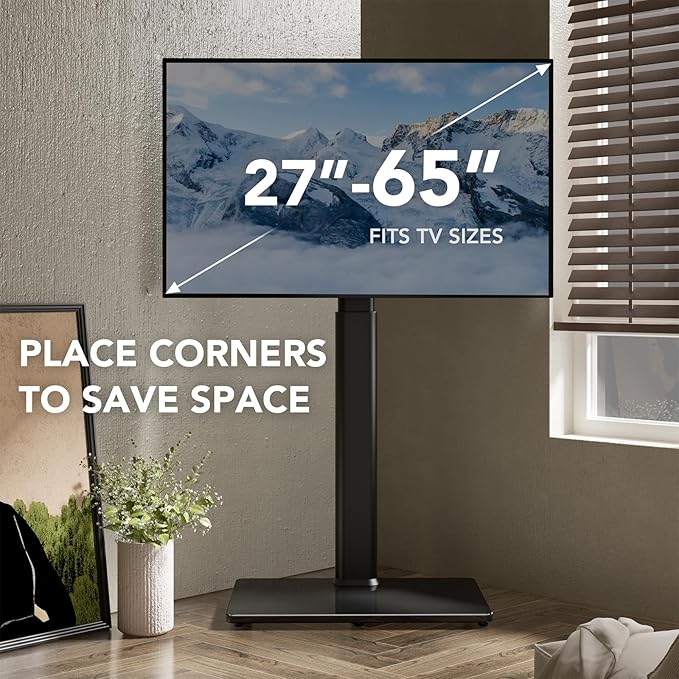 AX WABER Universal TV Floor Stand with Mount for 27 to 65 inch TVs,Swivel Standing TV Stand with 9 Level Height Adjustable,Space Saving Design Tall TV Stand for Living Room/Bedroom/Dorm/Corner Black