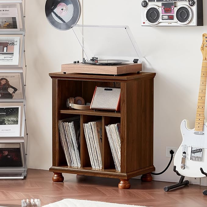 Joaxswe Record Player Stand with Charging Station Up to 200 Albums, 24" Wide Mid-Century Record Player Table with Vinyl Record Storage,Large Wood Turntable Stand Dispaly Cabinet for Living Room,Brown