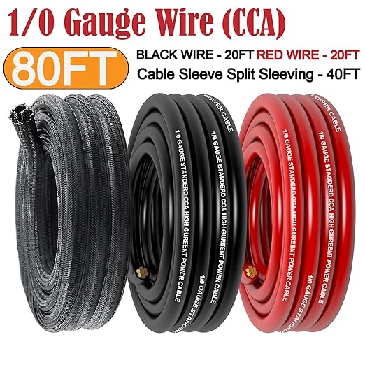 1/0 Gauge Wire CCA (20Ft Each Black/Red) Primary Automotive Wire with Lugs Kit,1/2 Inch Cable Split Sleeving,Battery Cable,Car Amplifier Power Ground Wires,Amp Install Wiring