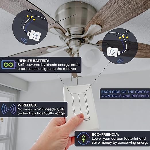 RunLessWire 3-Way Fan & Light Battery-Free DIY Kinetic Wireless Light Switch Kit for Bathrooms & Ceiling Fans: 2 Dual Remote Switches, Both Control 2 5A On/Off Receivers Separately – White