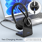 Wireless Headset, Bluetooth Headset with AI Noise Cancelling Mic, Bluetooth V5.2 Headphones with USB Dongle, Charging Base & Mic Mute for PC/Cell Phones/Call Center (Black)