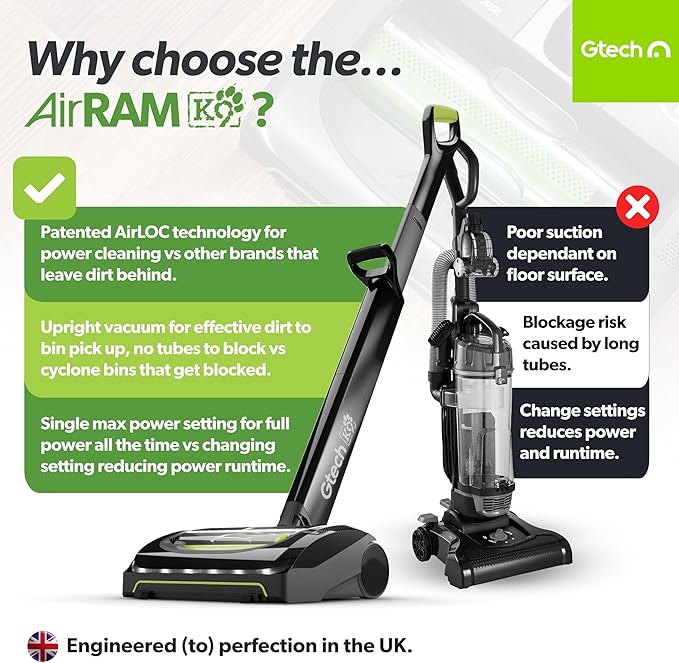 Gtech AirRAM 2 K9 Cordless Vacuum Cleaner with Scented Cartridges - Removes Tough Pet Hair - Perfect for Carpet and Hardwood Floors - Rechargeable 22v Li-ion Battery - Lightweight (7 lbs.)