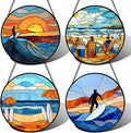 AMDERVEN Stained Glass Window Hanging 4 Pcs Set Blue Ocean Surfing Beach 6.3" - Suncatcher Door Garden Sun Catcher Decor Birthday Mother's Day for Firefighte Men Woman Nana Mom
