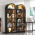 Dystler Arch Display Cabinet with Doors and Adjustable Shelves, 76" Tall Curio Cabinet with LED Lights/Storage Space, 6 Tier Display Case Bookcase for Collectibles Bedroom Living Room Office, Black