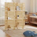 HOMCOM Room Divider, 5 Panel 67" Tall Wood Privacy Screen with 3 Display Shelves, and Folding Storage for Bedroom or Home Office, Natural Wood