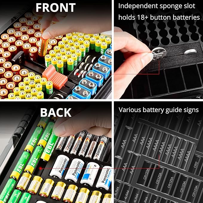 Aptbyte Battery Organizer Storage Holder Box Case with Tester- 269 Batteries Double-Sided Variety Pack, Holds AA AAA 4A C D Cell 9V 3V Lithium LR44 CR2 CR123 CR1632 18650 Button- Grey