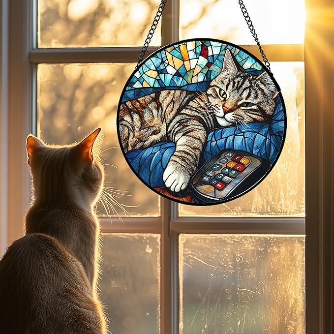 DASTOLL Stained Glass Window Hanging Gray Cat and Remote Control 9.8" - Suncatcher Door Garden Kitchen Sun Catcher Home Decor Birthday for Lost Pets Mom Men Woman Friend Grandma