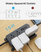 TROND 360° Rotating Flat Plug Power Strip, 5 Widely-Spaced Outlets with 2 USB A and 2 USB C, ETL Listed, 1300J Surge Protector, Wall Mountable, 5ft Extension Cord, for Home Office, Black