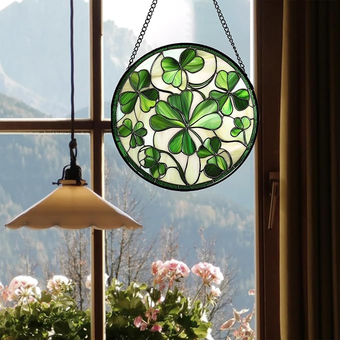 CRISGIF Stained Glass Window Hanging - Ireland Green Lucky Clover Suncatcher for Doors Garden St. Patrick's Day Sun Catchers Decor Mother's Day Birthday for Women Men Mom Nana 11.8 in