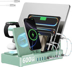 600w Charging Station for Multiple Devices, 15 in 1 Wireless Charger with 2pack 100w USB C Charger Cable, Dual 100w USB C Tablet Charging Station for MacBook,iPhone,iPad,Tablet(Green)