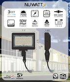 NUWATT 50W LED Flood Light, 3CCT 3000K/4000K/5000K Selectable, IP65 Waterproof Lighting, Adjustable Knuckle Mount, 7050LM, 0-10V Dimmable, 120-277V, Outdoor Security Floodlight for Yard, Bronze, UL