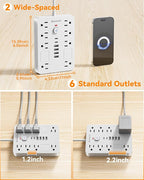 Bawmwim Surge Protector Power Strip - 8 Outlets(1850W/15A) with 6 USB Ports（2 USB C, 10FT Flat Plug Extension Cord, Wall Mount Multi Plug Outlet Extender, ETL Listed for Home, Dorm Room, White