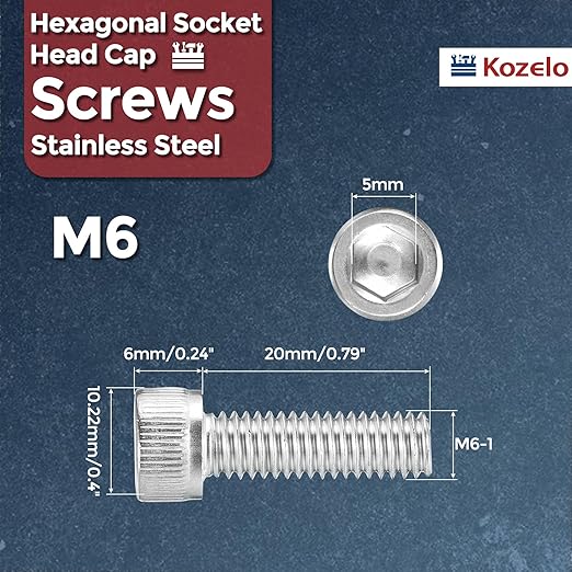 Kozelo 30pcs Socket Head Cap Screws - [M6-1 x 20mm] 304 Stainless Steel Allen Socket Drive for Electrical Motor 3D Printing Fan Engine Replacement Use, Silver