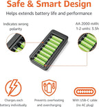 Amazon Basics Rechargeable AA NiMh Batteries with 8-Bay Battery Charger, USB-C Port, No AC Power Adapter, 8 Count (Pack of 1), Black