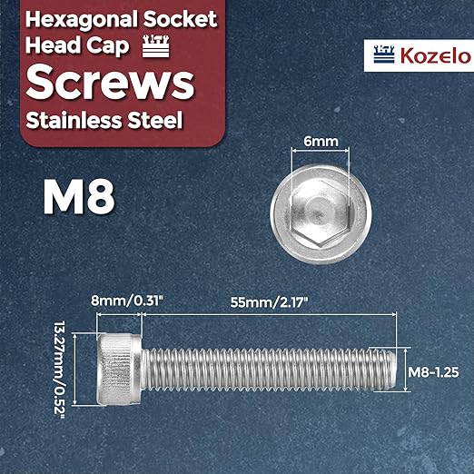 Kozelo 10pcs Socket Head Cap Screws - [M8-1.25 x 55mm] 304 Stainless Steel Allen Socket Drive for Electrical Motor 3D Printing Fan Engine Replacement Use, Silver