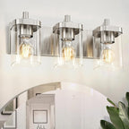 METWET Bathroom Light Fixtures, 3-Light Vanity Light with Square Clear Glass Shade, Brushed Nickel Modern Wall Sconces, Vanity Lighting Fixtures Over Mirror, VL194-BN-3