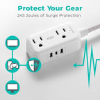 KMC 2-Outlet Mini Surge Protector Power Strip, 1 USB-C & 2 USB-A Ports, 245J Surge Protection, 5ft Braided Cord, 3-Prong Low-Profile Flat Plug, UL/ETL Certified, White
