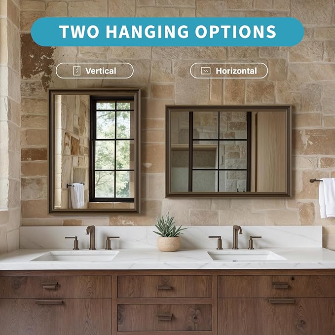 Retro Copper Effect Framed Wall Mirror, 30x48 Rectangle Mirror, Anti-desilvering Tempered Glass, Sustainable&Sturdy Frame, Anti-Rust, HD Reflection &3min Fast Setup for Bathroom Living Room
