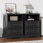 Nightstand with Charging Station,18" Wide End Table with 2 Large Drawers & Metal Handles,Rustic Farmhouse Wood Small Dresser,Bedside Table,Modern Chest of Drawers for Bedroom,Living Room,Black