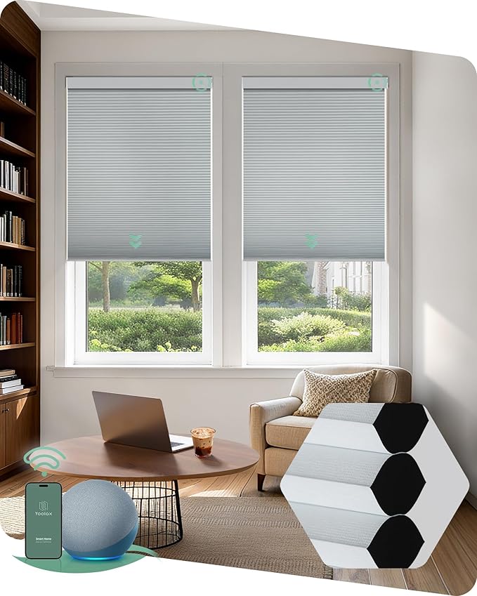 Yoolax Smart Blinds, Motorized Cellular Shades Compatible with Alexa, Blackout Electric Blinds with Remote for Indoor Windows, Automatic Energy Saving Honeycomb Shades, White, 25" W x 72" H