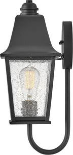 Hinkley Kingston Single Light Wall Mount Outdoor Lantern - Oversized Sweeping Roof & Bottom Arm, Aluminum, Clear Seedy Glass - Black Finish