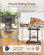 ECOTINY Steel Base Rolling TV Stand with Soundbar Mount for 37-75 inch TVs up to 154lbs, Swivel&Tilt Mobile TV Stand with Large Storage, Height Adjustable Heavy-Duty TV Cart, Max VESA 600x400mm, Black