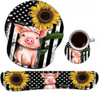 Keyboard Wrist Rest + Mouse Pad Wrist Support Set with Coasters, Non-Slip PU Base Ergonomic Mousepad for Home Office Working Studying Easy Typing & Pain Relief, American Flag Sunflower and Cute Pig