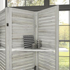 HOMCOM Room Divider, 4 Panel 67" Tall Wood Privacy Screen with 3 Display Shelves, and Folding Storage for Bedroom or Home Office, Distressed White