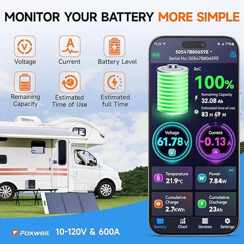 600A Shunt Battery Monitor, 0-120V Bluetooth Amp/Volt/Watt/Capacity Monitor with Protection Alarm, FOXWELL BT630 Smart Shunt for LiFePO4, Lithium Sealed, Gel, Flooded Battery (RV, Solar, Marine)