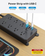 TROND 360° Rotating Plug Power Strip, ETL Listed, Flat Plug 10ft Extension Cord, 2 USB-A and 2 USB-C, Wall Mountable, 7 Widely-Spaced Outlets, 1700J Surge Protector, for Home Office, Black