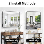 Bathroom Mirror, 36 x 30 inch Metal Framed Black Rectangle Mirror, Rounded Corner Rectangular Vanity Mirror, Wall Mounted Mirror for Modern Bedroom Living Room Hangs Horizontal or Vertical