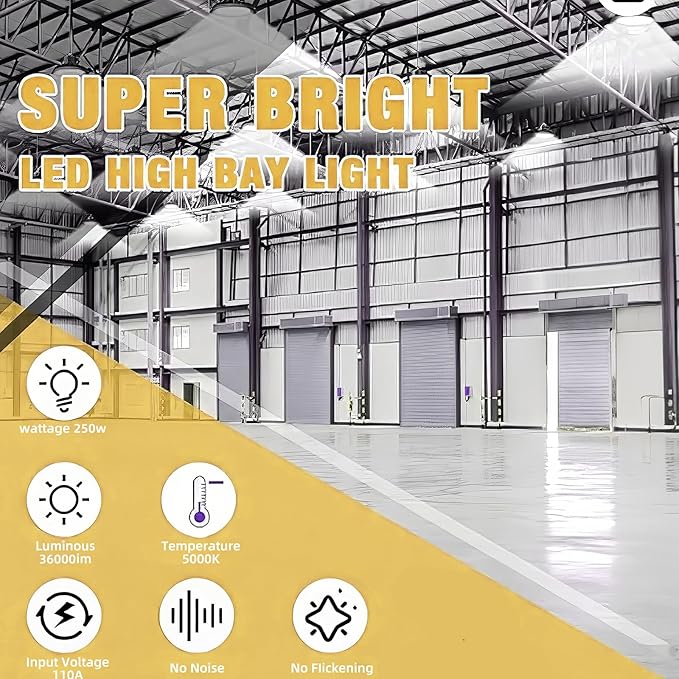 2Pack UFO LED High Bay Light 250w, 5000K,36,000LM, 5 ft cable with Us Plug UL Certified Plug,Hanging HookIP65 Commercial Warehouse Area Light for Wet Location Area, Workshop, Garage, Factory Barn