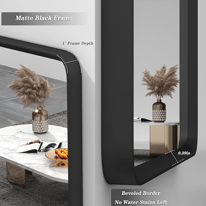 60x36 Black Matte Bathroom Mirror, Large Metal Framed Black Bathroom Vanity Mirror for Wall, Rounded Corner Rectangle Mirror, Anti-Rust, Shatterproof (Horizontally/Vertically)