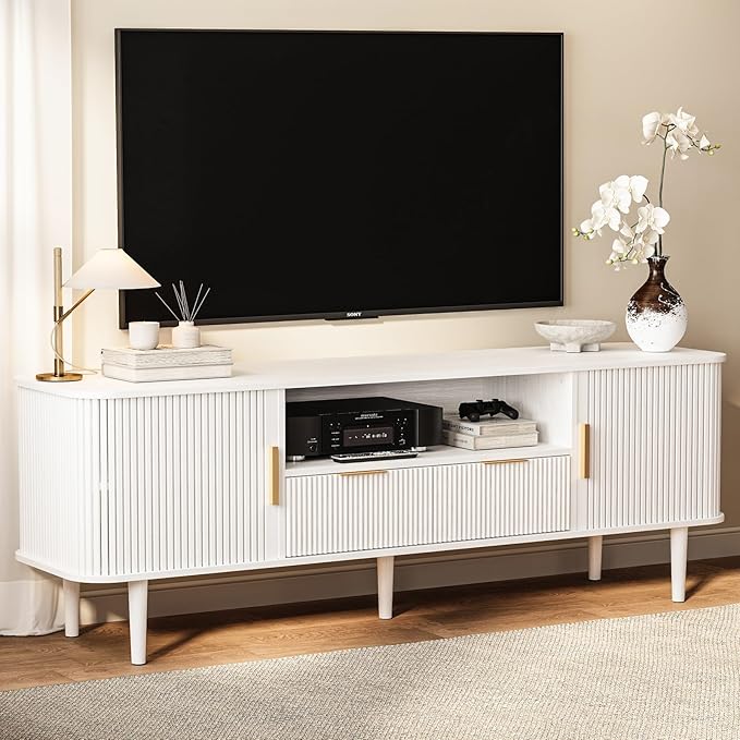 DAMCROP TV Stand 62.4 Inch Mid Century Modern Media Console Table with Drawer Sliding Tambour Door Farmhouse Sideboard Buffet Cabinet Fits TVs up to 75 inch Fluted Wood Entertainment Center(White)