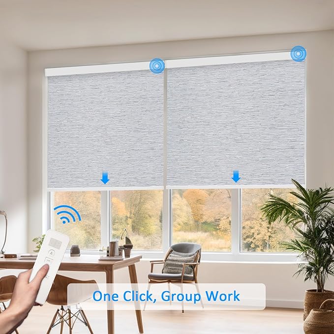 COOLWINDS Motorized Blinds with Remote Cordless Automatic Motorized Shades Custom Blinds for Windows Smart Curtains Compatible with Alexa Google Home(Blackout Jacquard Grey,W62 x H72in)