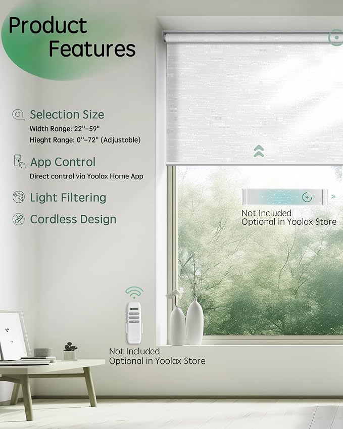 Yoolax Motorized Blinds App Control, Light Filtering Motorized Shades for Windows, Cordless Automatic Roller Shades for Bedroom Living Room Office(Light Filtering Jacquard White, 48" W x 72" H)