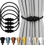 Nieffeiy Magnetic Curtain Tiebacks Outdoor Curtain Tie Backs Rope Decorative Magnetic Curtain Holders for Drapes Window Treatment Holdbacks, Glossy Black 4Pack