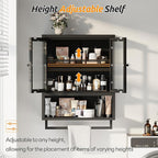 Bathroom Wall Cabinet, Over The Toilet Space Saver Storage Cabinet, Medicine Cabinet with 2 Glass Door and Towel Bar, Metal Wall Mounted Cabinet for Bathroom Laundry Room Kitchen