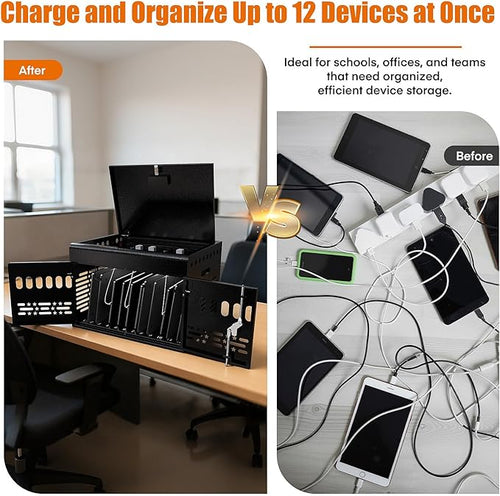 12-Device Tablet Charging Station Lock Box, Computer Cabinet with 2 Keys – Multi-Device Charging Cabinet for iPads, Chromebooks, Fire HD & Phones – Office, School, Hospital (Black),Fully Assembled