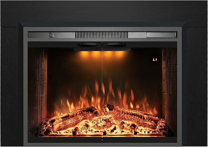 Velaychimny 42" Electric Fireplace Insert with Metal Trim Kit, Adjustable Flame, Fire Crackling Sound, Top Light Colors, Timer, Glass Door & Mesh Screen, Black