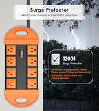 CCCEI Outdoor Power Strip Weatherproof with 8 Plug, Waterproof Extension Cord with Multiple Outlets, Christmas Exterior Garden Yard Surge Protector 15FT, Orange.