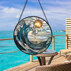 DASTOLL Stained Glass Window Hanging, Blue and White Waves Suncatcher Diamond Glass Panel Landscape Sun Catchers Decor for Birthday for Women, Men, Wife, Aunt, and Mom 9.8 in