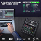 4 Channel Audio Mixer With Effects 88 Dsp Mixer Mixing Board Usb Interface Bluetooth Music Player + 48v Line Phantom Power Audio Mixer To Pc/Phone For Karaoke Record Livestream