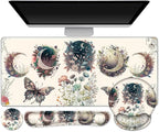 Large Desk Mat, Cute Boho Plants Mouse Pad, Apricot Desk Pad, XXL Mousepad + Keyboard Wrist Rest+Mouse Wrist Rest+Coaster Desk Pad for Girl Women Home Office Decor Aesthetics, Floar Butterfly Moon
