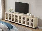 WAMPAT Modern TV Stand with Glass Doors for 120 inch TVs, 4 in 1 Entertainment Center Console with Adjustable Shelves and Metal Base for Living Room, Bedroom, Light Oak