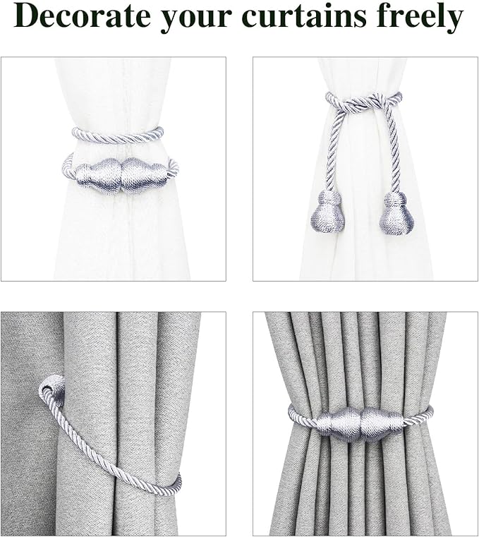 Nieffeiy Magnetic Curtain Tiebacks Outdoor Curtain Tie Backs Rope Decorative Magnetic Curtain Holders for Drapes Window Treatment Holdbacks, Grey 2Pack