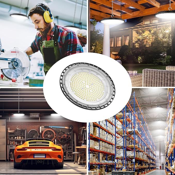 SOUTHLEVY 6 Pack UFO 200W LED High Bay Light,5000K,28,000LM, 5 ft Cable with US Plug UL Certified Plug, IP65 Commercial Warehouse Area Light for Wet Location Area, Workshop, Garage